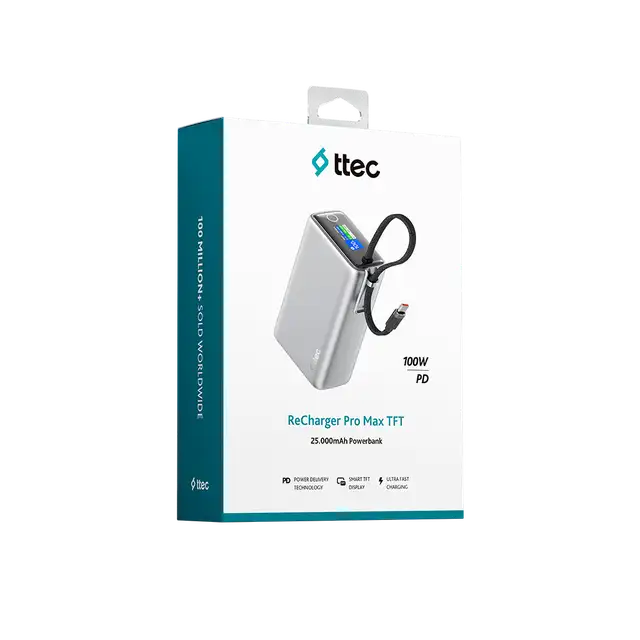 2bb274g Ttec Recharger Pro Max Tft 25.000mah Pd 100w Usb-c Dahili Kablolu Taşınabilir Hızlı Şarj Aleti/powerbank 2bb274 Gümüş