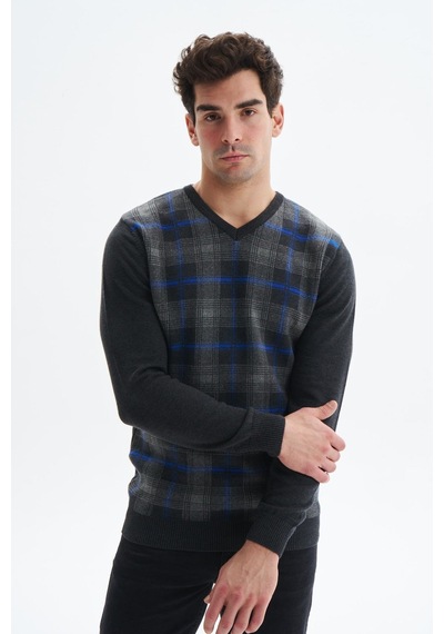 AR-MA Arma Erkek Slim Fit Likralı Akrilik Kumaş V Yaka Kareli Kazak K0kro0860 Gri
