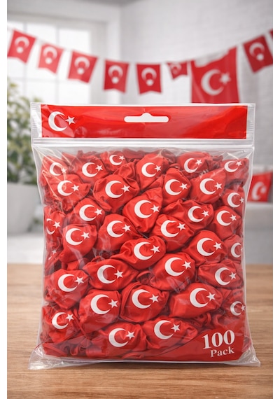 Ayyıldızlı Kırmızı Balon Seti Türk Bayraklı Parti Balonu Dayanıklı Latex Balon 100 Adet Düz Renkli