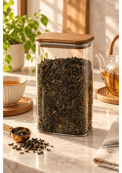 Atbyhome Ahşap Vakum Kapaklı Dikdörtgen Cam Kavanoz 1500 Ml - Çay Kahve Ve Erzak Saklama Kabı