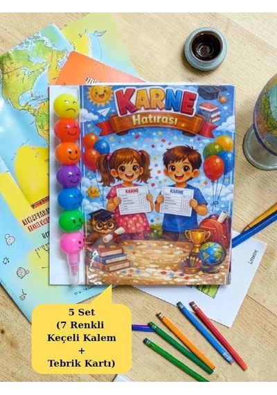 Karne Hediyesi 5 Set Renkli Keçeli Kalem Ve Tebrik Kartı