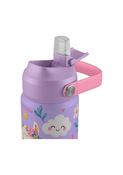 Puccon 540 Ml Sevimli Lama Baskılı Lila - Beyaz Kız Çocuk Pipetli Çelik Termos Matara/suluk - 60047