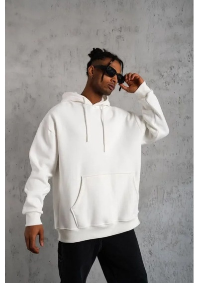 Veraura Lifestyle 3 İplik Kapşonlu Sweatshirt Hoodie - Beyaz Siyah