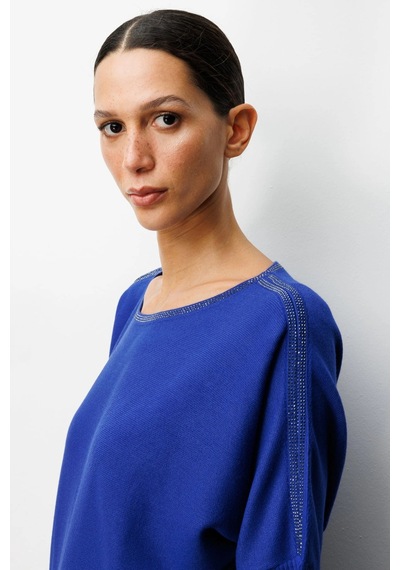 On Fashion Kadın Yakası Ve Kolları Taşlı Saks Mavisi Yarım Kol Kazak 65421 Saks Mavi