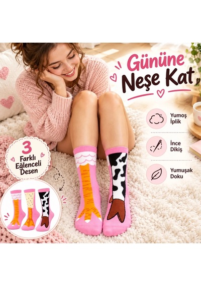 Genel Kadın 6'lı Pembe Hayvan Desenli Soket Çorap Seti İnek Figürlü Seviml Çok Renkli / 36-40 / 6 Adet Çok  Renkli