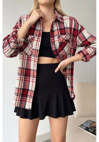 Mamayaga Kadın Desen Bloklu Oduncu Oversize Bol Ve Geniş Kalıp Casual Cepli Yakalı Ceket Gömlek Kırmızı