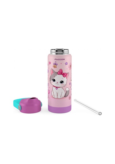 Puccon 540 Ml Sevimli Kedi Baskılı Mor - Beyaz Kız Çocuk Pipetli Çelik Termos Matara/suluk - 60044