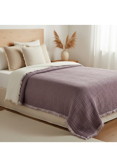 Mor 4 Katlı Çift Taraflı Çift Kişilik Müslin Battaniye %100 Pamuk 230x240 Cm Mor