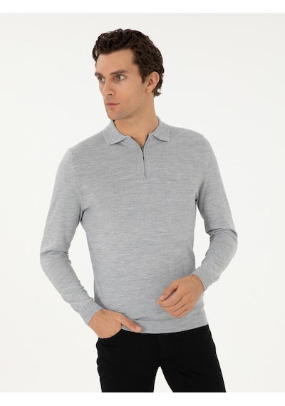 Cacharel Gri Regular Fit Yün Karışımlı Fermuarlı Polo Yaka Basic Triko Kazak