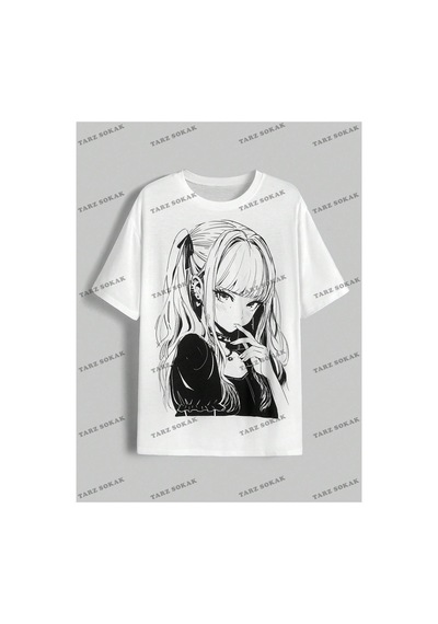 Tarzsokak Unisex Bay Anime Sevimli Anime Kız Baskı Casual Kadın Gevşek Kısa Kollu Tişört Kod-1308 Beyaz