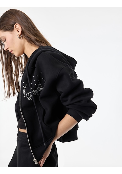 Koton Uzun Kollu Taş Detaylı Şardonlu Kapüşonlu Sweatshirt Siyah 7wal10241ık