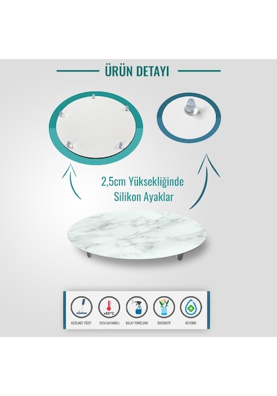 Decorıta | Cam Sunum Standı | Klasik Mermer Desenli | Çap32cm