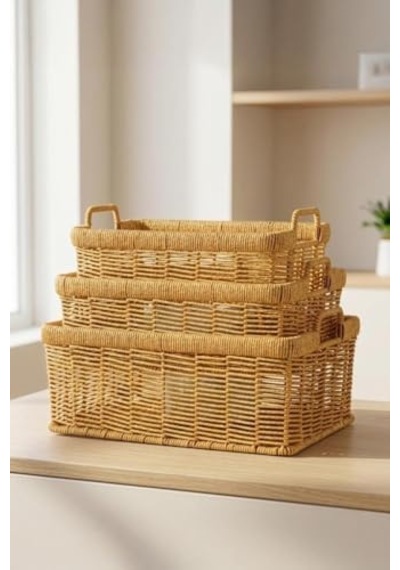 3'lü Hasır Rattan Organizer Sepet - Bb6064 Açık Ahşap
