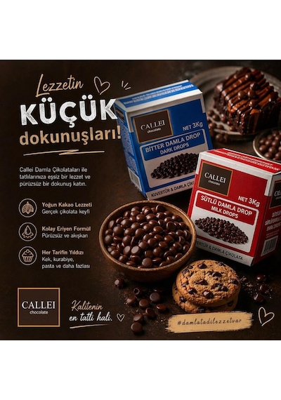 Callei Chocolate Bitter Damla Çikolata 3 Kg Pasta, Kurabiye Ve Profesyonel Tatlı Tarifleri İçin Yoğun Bitter Çikolata
