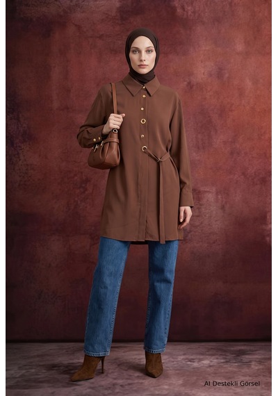 Armine Trend Gömlek Yaka Kuşgözü Detaylı Kuşaklı Tunik 91 Cm Boy Camel 26kt431