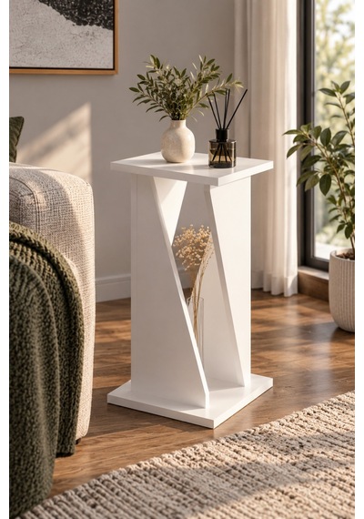 Sulorahome Modern Mermer Desenli Yan Sehpa Beyaz