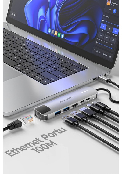 Ven-dens Vd-adp019 6 Sı 1 Arada Usb-c Hub Adaptör, 4k 30 Hz Hdmı, 90 W Pd, Usb 3.0 Ve Rj45, Gri