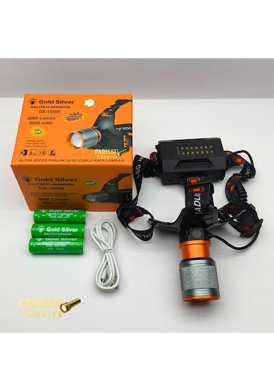 Gold Silver Gs-15500 Ultra Güçlü 4000 Lümen Zoomlu Kafa Lambası Yedek Pilli Profesyonel Set Siyah