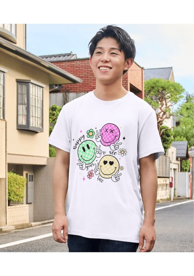 Alpşan Ticaret Gülücüklü Tişört Happy Face T-shirt Smile Tişört Beyaz Çocuk Ve Yetişkin T-shirt Beyaz