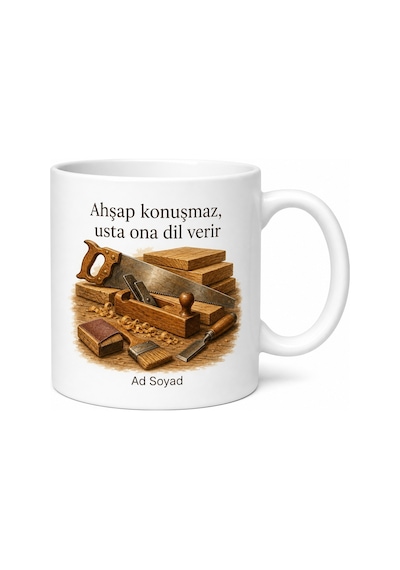 Marangoza Hediye Ahşap Kesim Marangoz Atölyesi Temalı Özel Tasarım Baskılı Porselen Kupa Bardak Beyaz / Çok Renkli