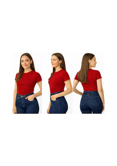 İngegno Body Bisiklet Yaka Yarım Kol Örme Kumaş Viskon Body Kadın Kırmızı