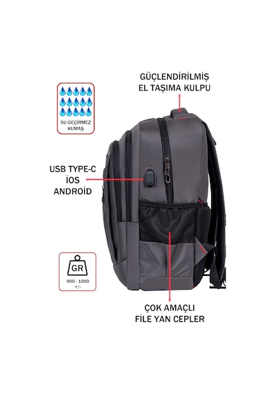 Dada 05 Gri Laptop Sırt Çantası 14-15,6 İnç Usb Aparat Ortopedik Sırt Darbe Emici Koruma