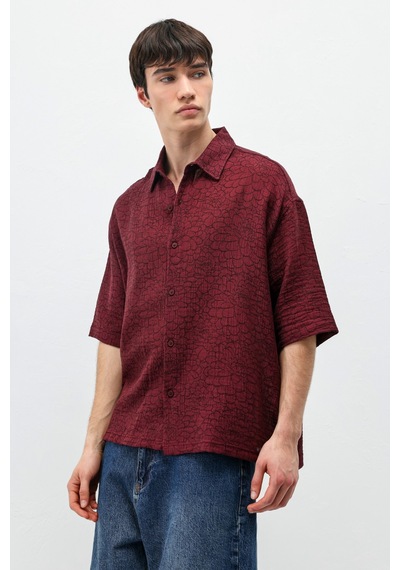 Vamos Oversize Desenli Kısa Kollu Gömlek Bordo