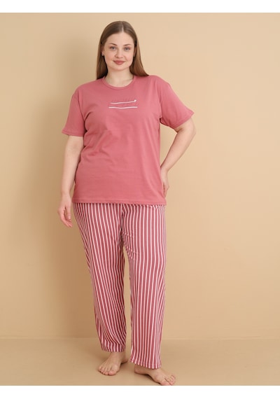 Wordex Mirano 4510 Çizgili Pijamalı Kısa Kollu Penye Büyük Beden Kadın Pijama Takımı GÜL KURUSU Wordex Mirano 4510 Çizgili Pijamalı Kısa Kollu Penye Büyük Beden Kadın Pijama Takımı GÜL KURUSU