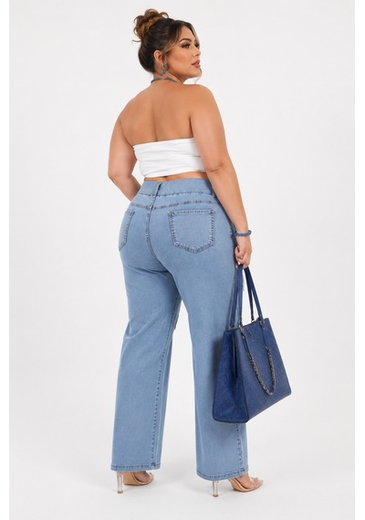 Zanessi Fashıon Denim Taş İşlemeli Lastikli Dekolteli Geniş Paça Kadın Pantolon Mavi