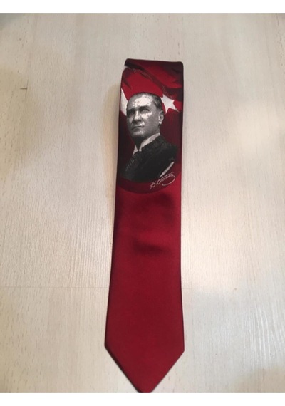 Kırmızı Atatürk Kravat Resmi Açık Gri