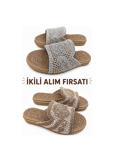 Papucumun Dünyası Kadın Dantel Örgü Detaylı Şık Rahat Hafif Terlik Çok Renkli2
