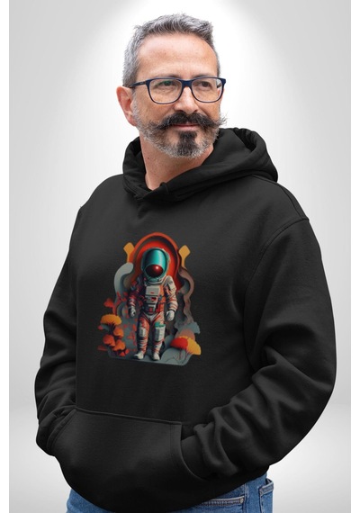 Astronot Yapay Zeka Yürüyüş Kadın Erkek Siyah Kapüşonlu Sweatshirt Hoodie Siyah