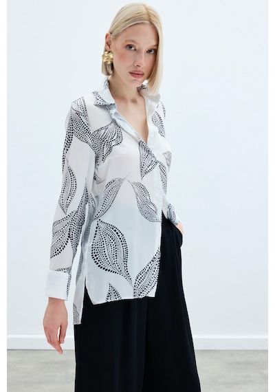 Sateen Arkası Uzun Desenli Gömlek - Ekru-136236 Ekru