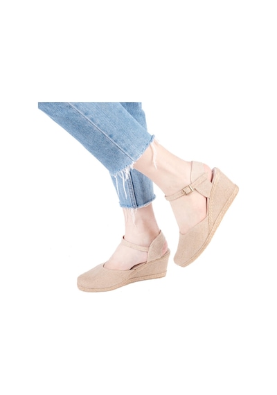 Gerçek Elişi Hasır Rengi Topuğu Açık Keten Espadril Dolgu Topuk Handmade Hasır