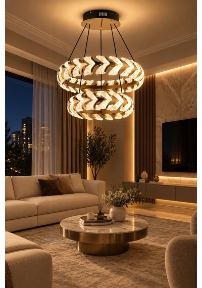 Modern Premium Led Avize Gold Kasa Çift Katlı Sarkıt Salon Yemek Odası Avizesi 85w