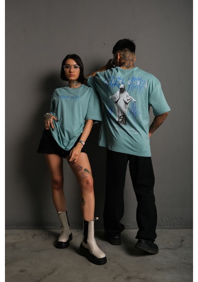 Noıssey Kod:ızeı - Unisex Oversize Rıtual Mavi Yıldırım Baskılı Pamuklu T-shirt P--1008 Yeşil