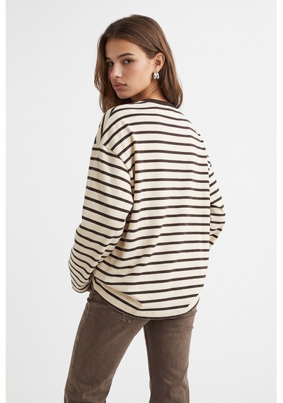 Mixray 2236 Çizgili Bisiklet Yaka Uzun Kol Oversize Sweatshirt Kahve