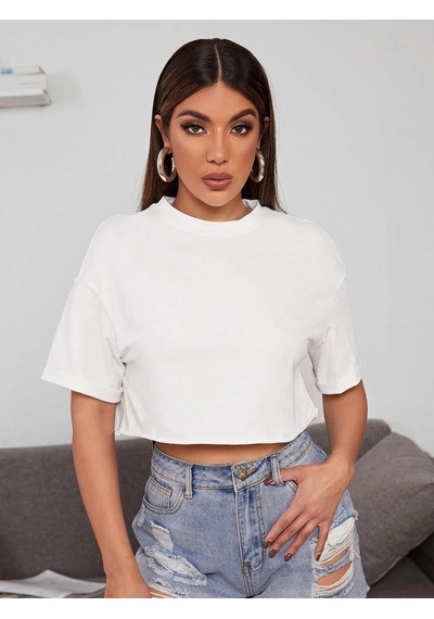 Startmore Kadın Beyaz Bisiklet Yaka Oversize Crop T-shirt Beyaz