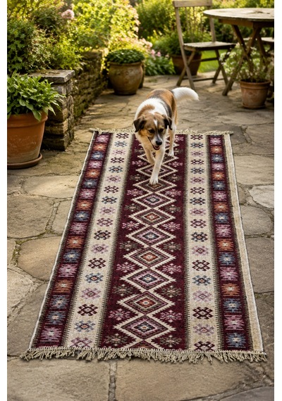 Kilim Paspas Çok Amaçlı Halı Makinede Yıkanabilir Toz Yapmaz Bordo