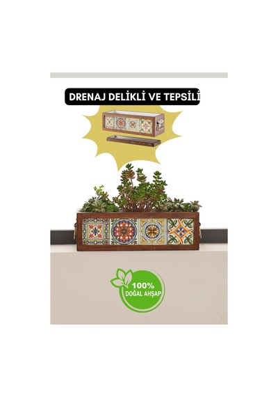 Halohope El Yapımı 4 Meksika Çinili Dekoratif Modern Ahşap Dikdörtgen Bahçe Balkon Saksı Saksılık Çiçeklik