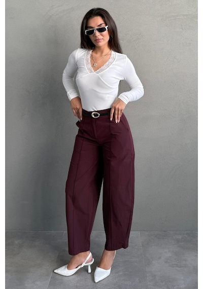 Madmext Mürdüm Modern Kesim Kemerli Yüksek Bel Bol Paça Kumaş Pantolon Mg2618 Mürdüm