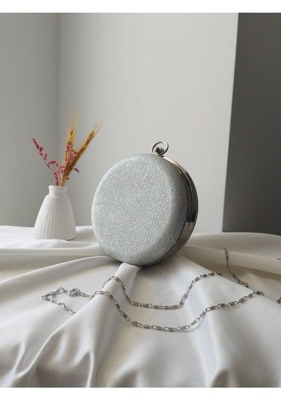 Vivazzaluxe Modern Yuvarlak Model Simli Düğün Nişan Gelin Kadın Abiye Clutch Çanta Gümüş