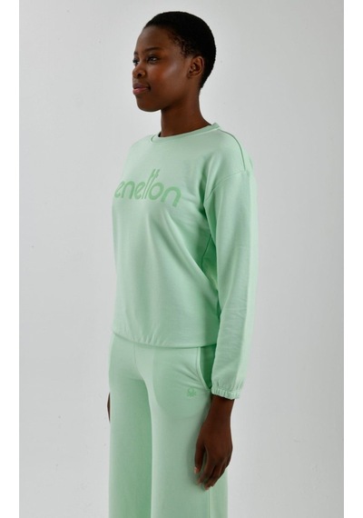United Colors of Benetton Kadın Önü Logo Baskılı Bisiklet Yaka Sweatshirt Mint