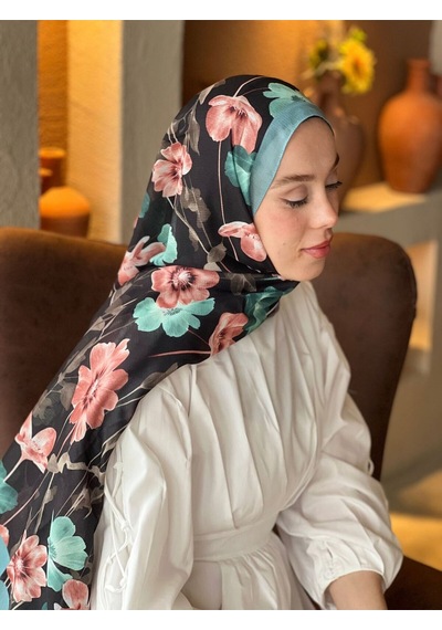 Moda Kaşmir Fiori Desen Lina Şal Açık Petrol