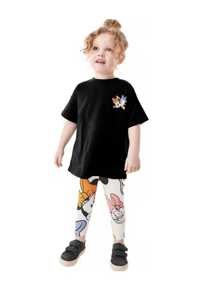 Lolliboomkids Kız Çocuk Karakter Baskı Desenli Sırt Detay T-shirt Tayt Alt Üst Takım Siyah Beyaz Siyah - Beyaz