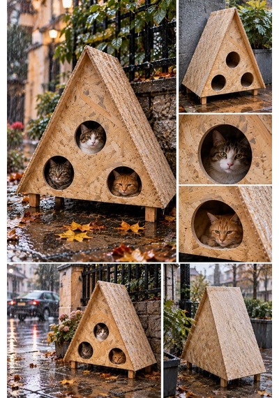 Reyo 3 Bölmeli 3 Kedilik Büyük Boy Kedi Evi Dış Ortam Uygun Ahşap Kedi Yuvası Kedi Barınağı Osb 78 x 76 x 35 CM CAT21