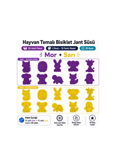 Hayvan Temalı Bisiklet Jant Süsü 20 Parça 2 Renk 10 Farklı Model Mor-sarı