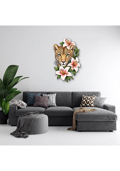Çiçekli Leopar - Metal Tablo - Dec0185 31 X 50 Cm Çok Renkli