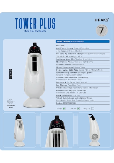 Raks Tower Plus Kule Tipi Vantilatör - Uzaktan Kumanda, Aroma Difüzyonu, 90 W, Sessiz, 13.5 M3/s, Oda Sıcaklığı Bilgisi