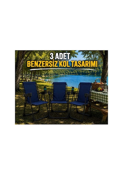 Holiday Kamp Sandalyesi Piknik Katlanır Bardaklıklı Plaj Sandalyesi 3 Adet Lacivert Lacivert 3 Adet
